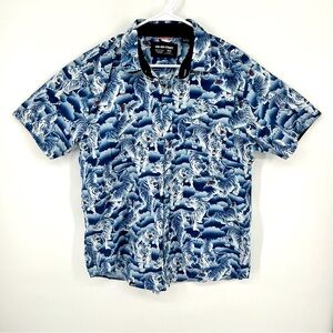 RJC X03 Street Short Sleeve Button Up Blue White‎ Tiger Print XL Bold Cali Vibe